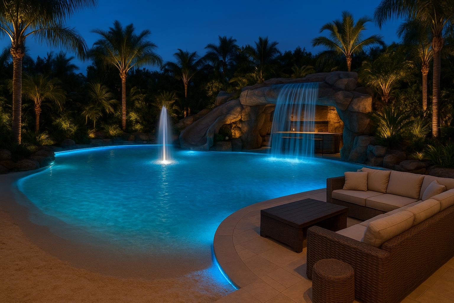 Piscine lagon de nuit au Maroc